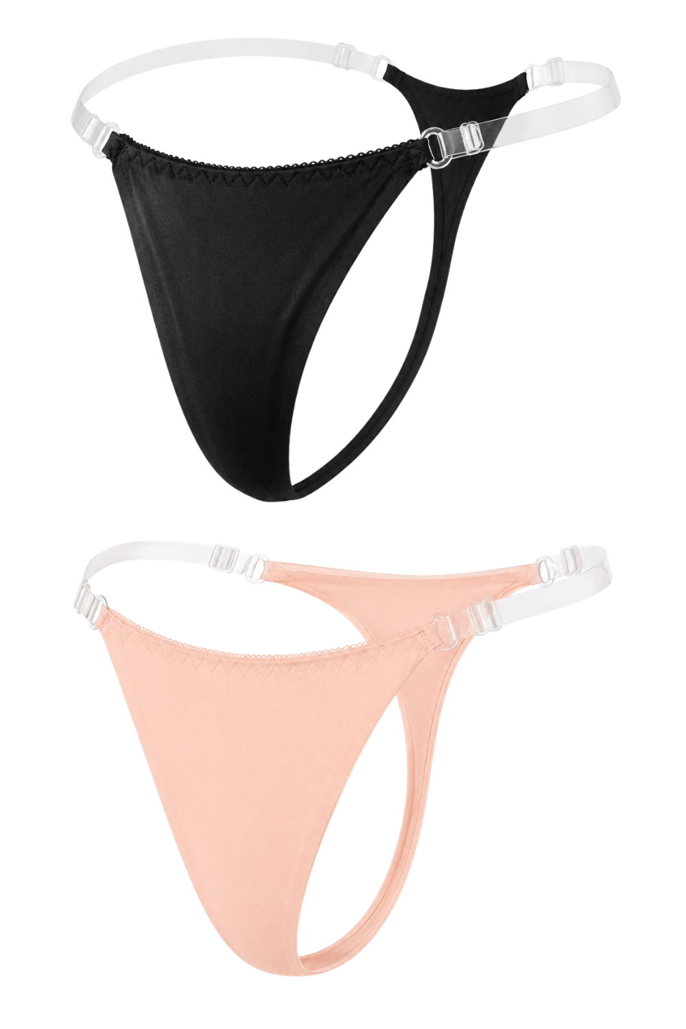 Lot de 2 strings Mapalé noir et nude, sans coutures, lanières transparentes réglables, coupe minimaliste et discrète.