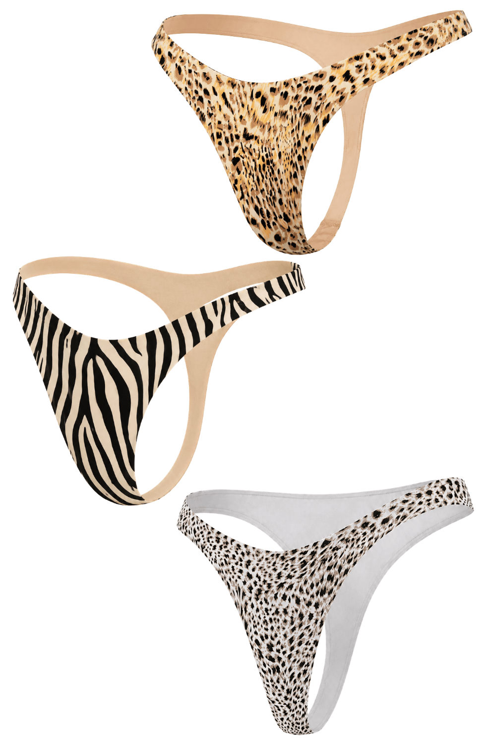 Lot de 3 strings Mapalé imprimés animaliers: léopard beige, zèbre noir, motif tacheté, coupe échancrée féminine.
