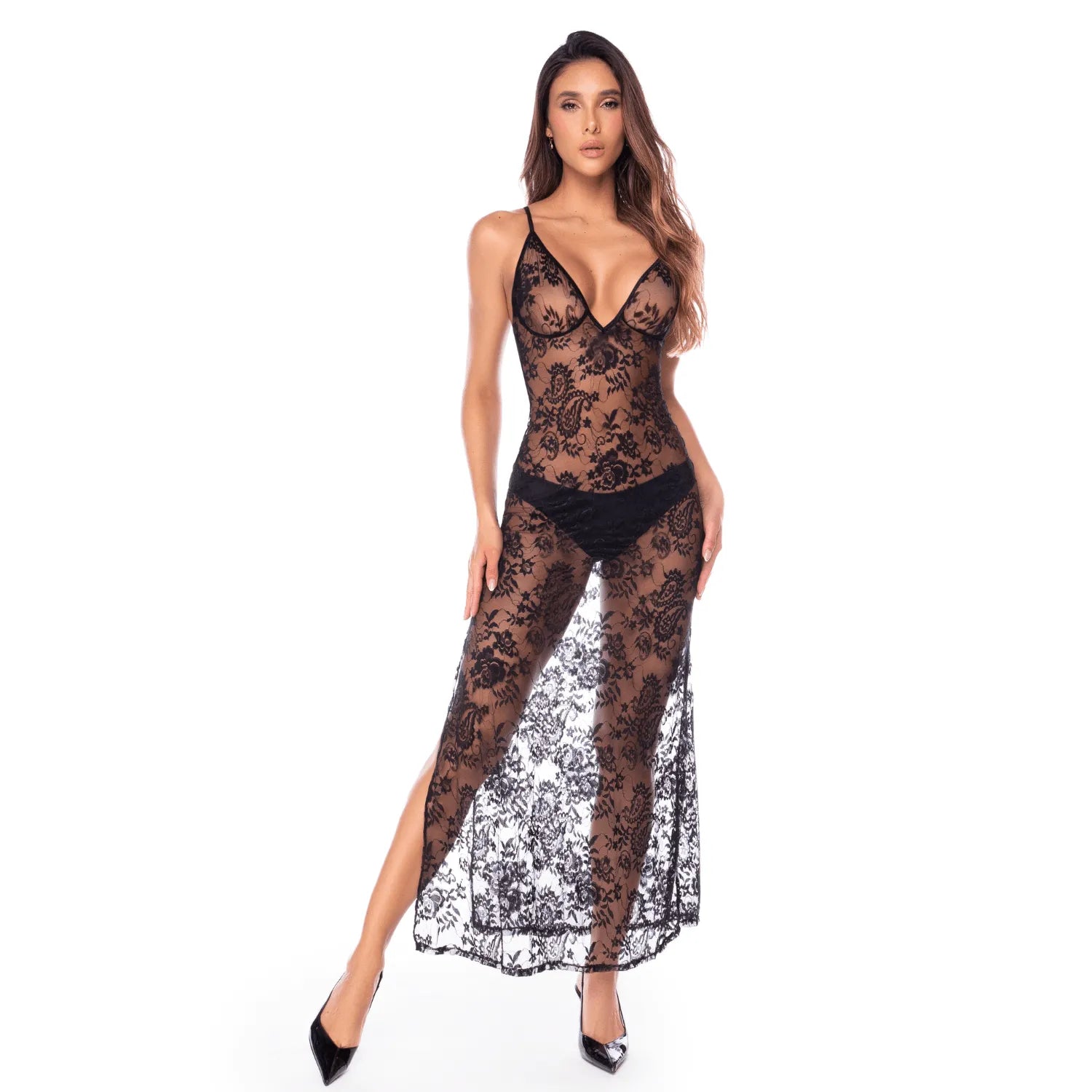 Nuisette transparente noire en dentelle avec décolleté plongeant et fentes latérales - Mapalé