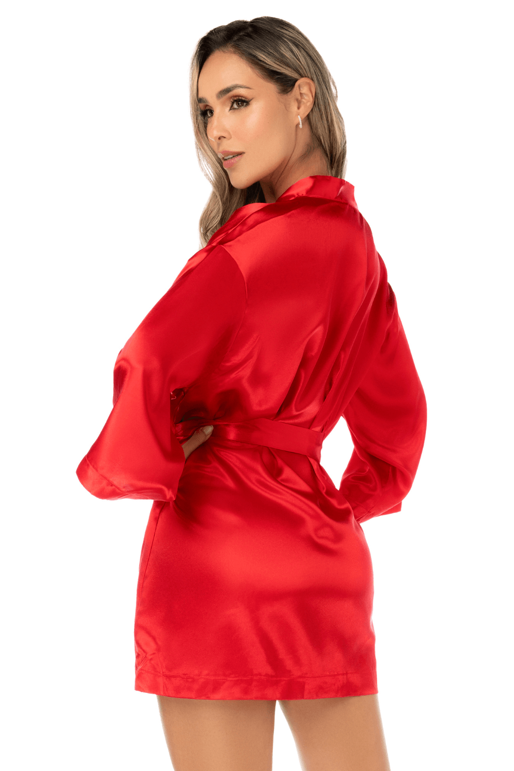 Peignoir court satiné rouge avec ceinture à nouer - Mapalé