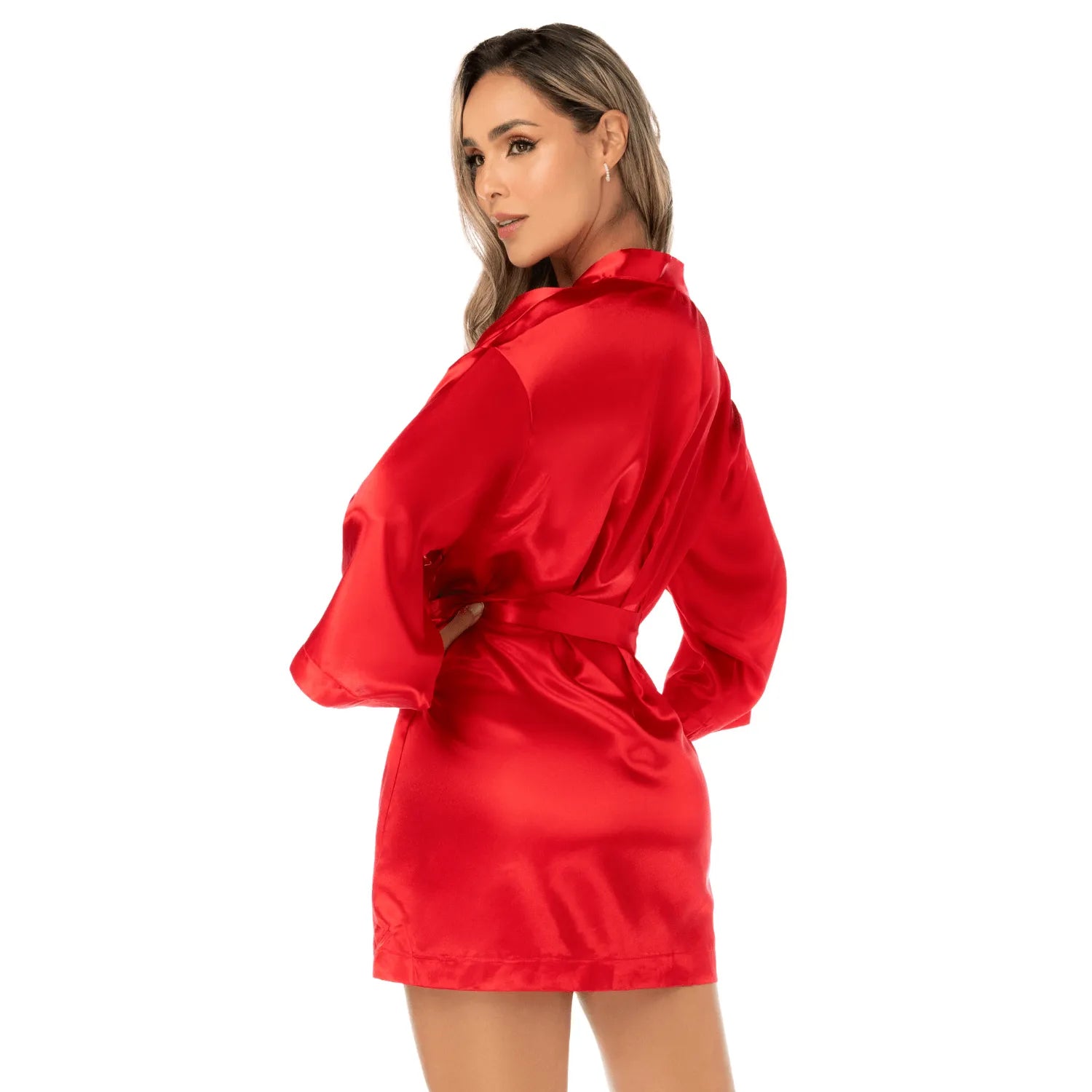 Peignoir court satiné rouge brillant manches trois-quarts ceinture ajustable Mapalé