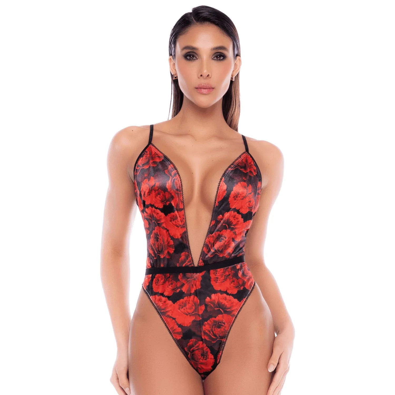 Body noir et rouge en résille transparente avec imprimé et décolleté plongeant - Mapalé