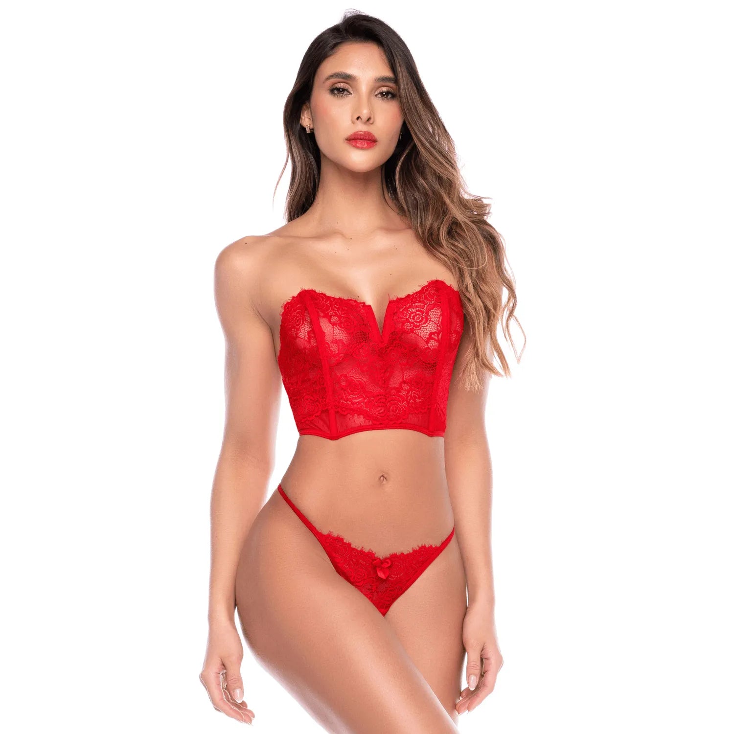 Ensemble 2 pièces bustier en dentelle rouge et string - Mapalé
