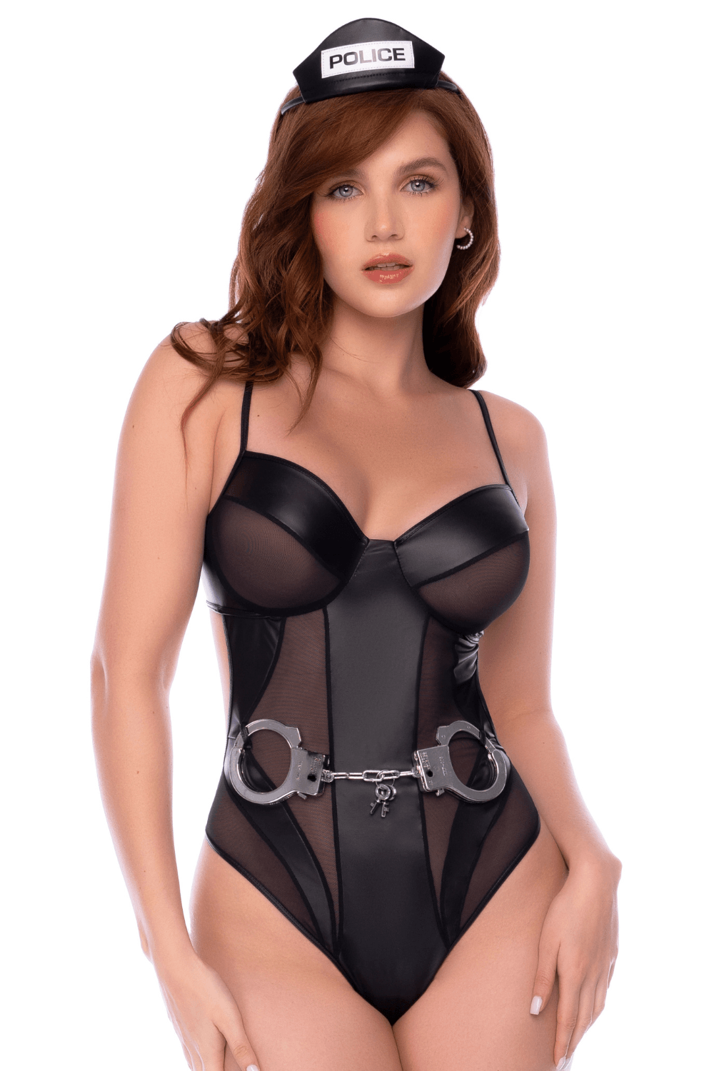Body policier en résille transparente et wetlook avec détails métalliques - Mapalé