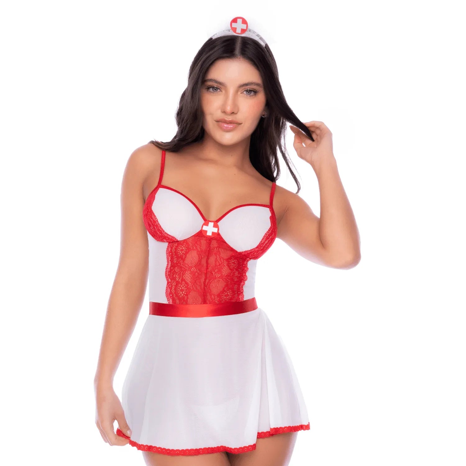 Déguisement sexy infirmière bustier dentelle rouge blanc Mapalé mini-jupe