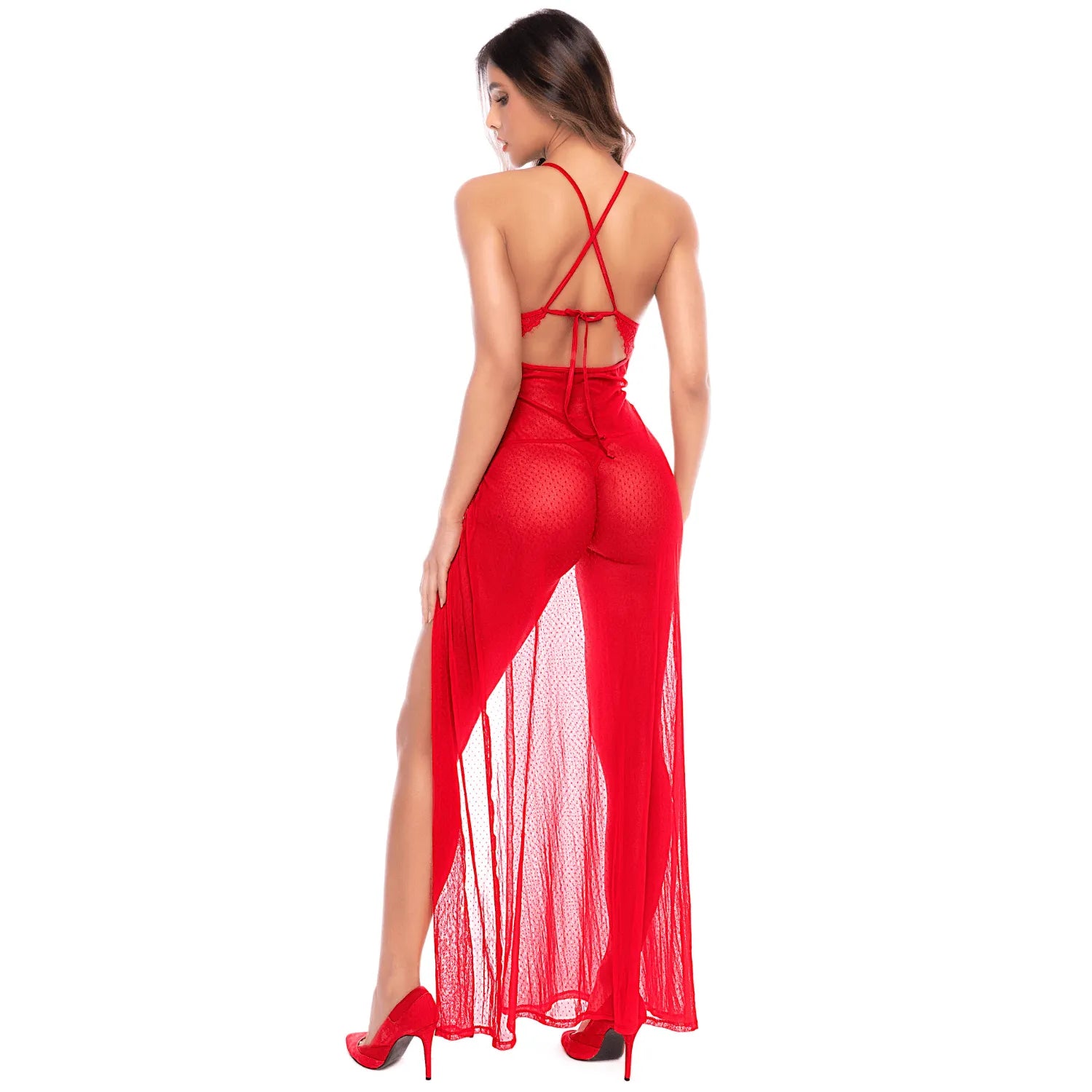 Robe longue transparente rouge en dentelle et résille avec string - Mapalé