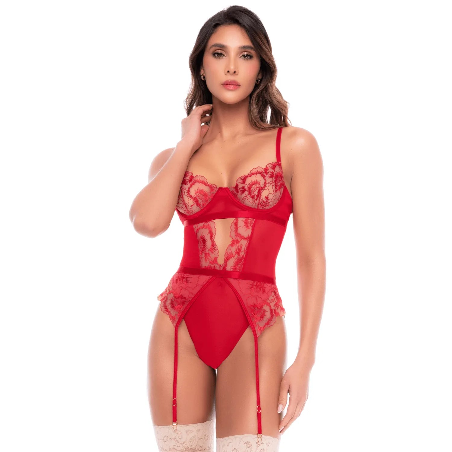 Body lingerie rouge rubis transparence broderies florales armatures jarretelles Mapalé