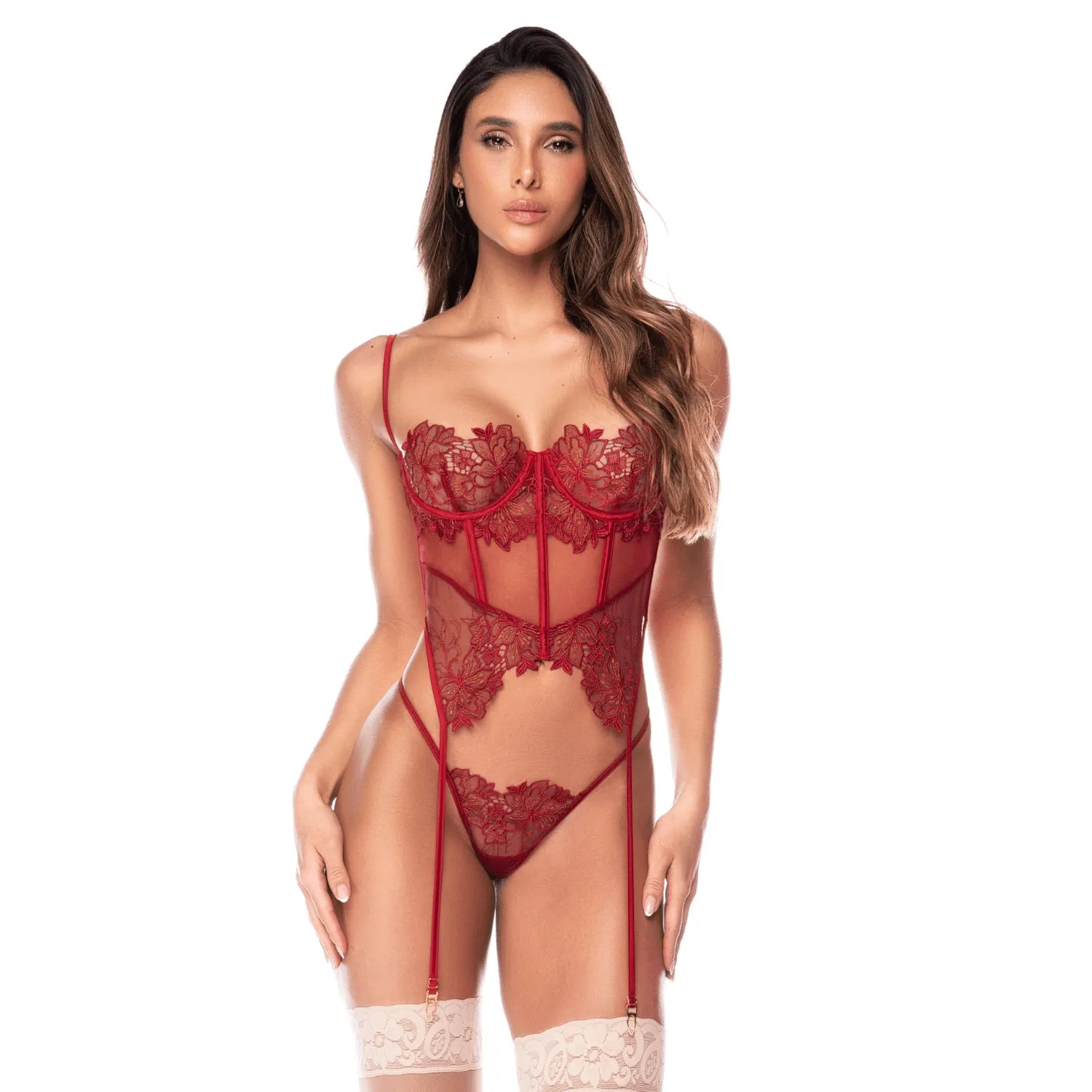 Ensemble lingerie Mapalé 2 pièces broderies florales bois de rose bustier jarretelles string