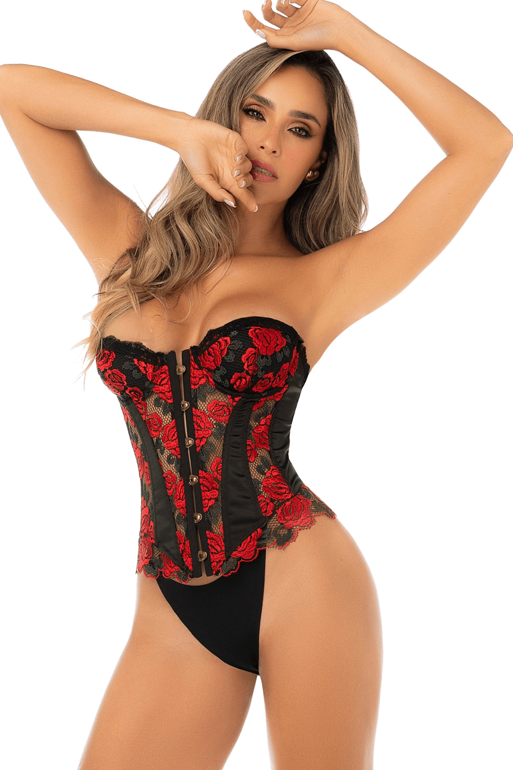 Corset bustier sans bretelles brodé noir et rouge avec laçage dos - Mapalé