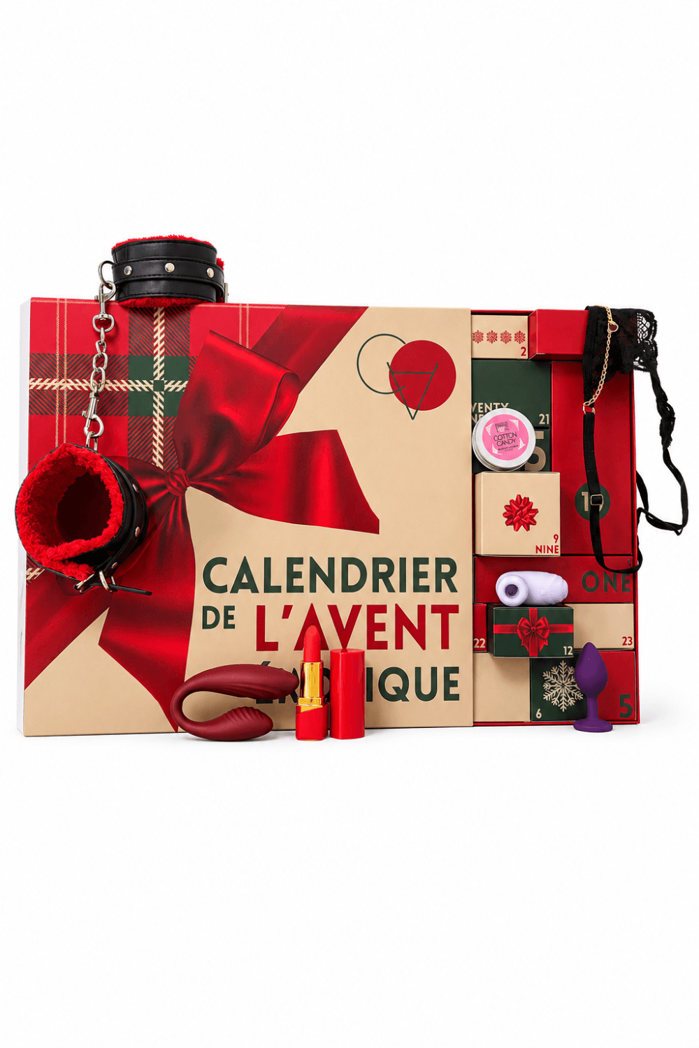 Calendrier de l'Avent érotique 2026 avec accessoires intimes rouges et noirs, boîte cadeau festive avec ruban rouge.