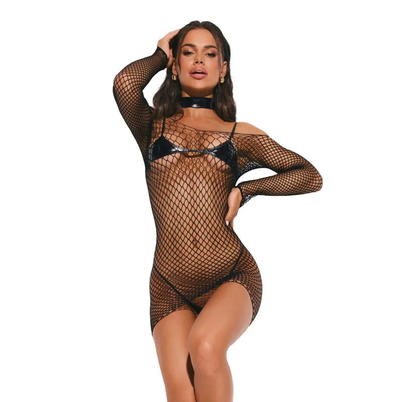 Sashalla ensemble lingerie résille cuir noir manches longues réglables