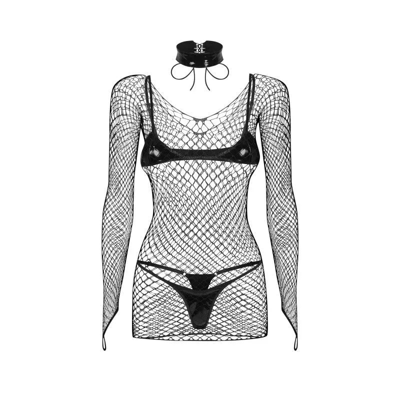 Sashalla ensemble lingerie résille cuir noir manches longues réglables