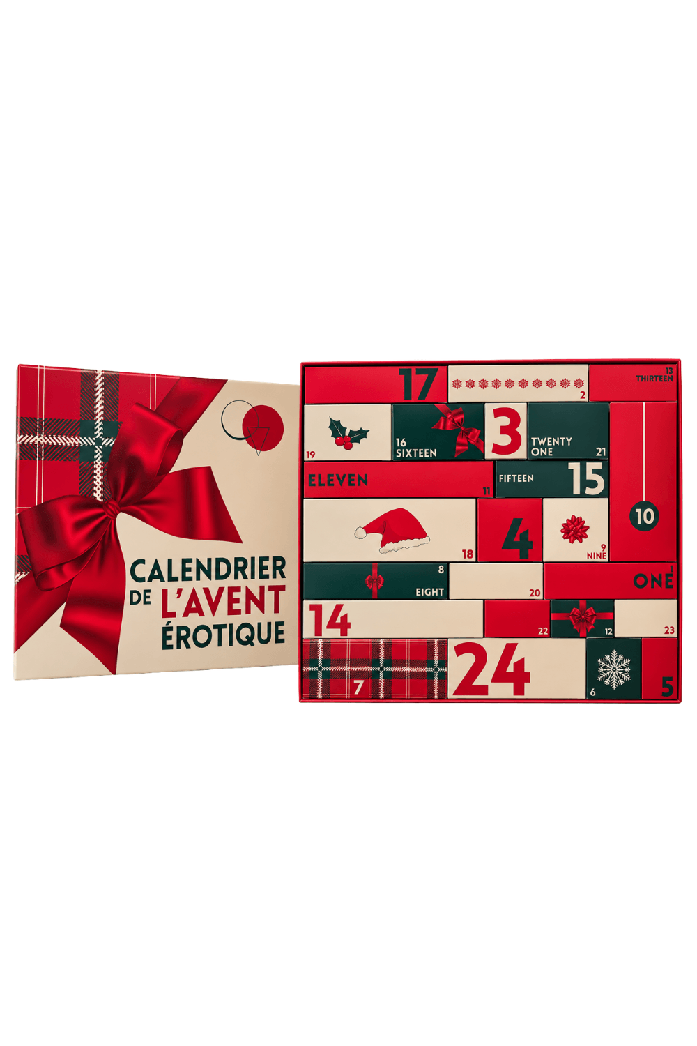 Calendrier de l'Avent érotique gay 2026, boîte rouge et blanche avec motifs festifs, 24 cases numérotées.