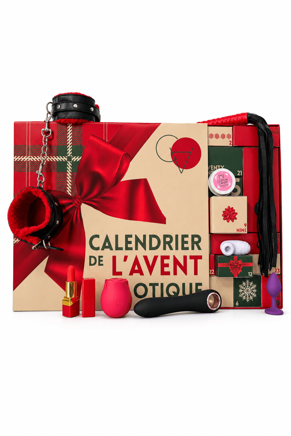 Calendrier de l'Avent érotique lesbien avec sextoys, accessoires BDSM légers, produits de massage et lingerie rouge.