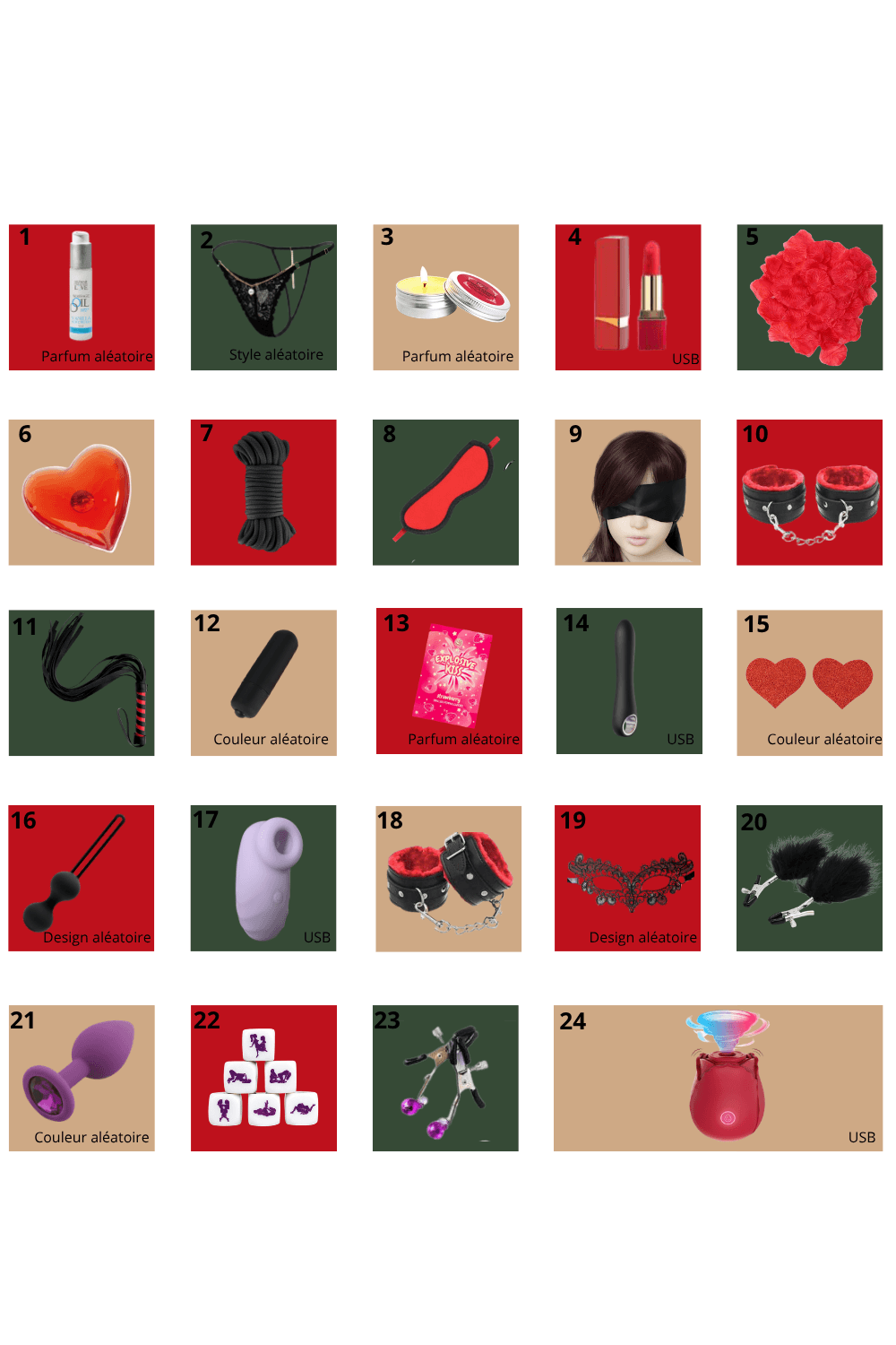 Calendrier de l’Avent érotique lesbien 2026 avec 24 cases colorées, accessoires intimes et surprises sensuelles.