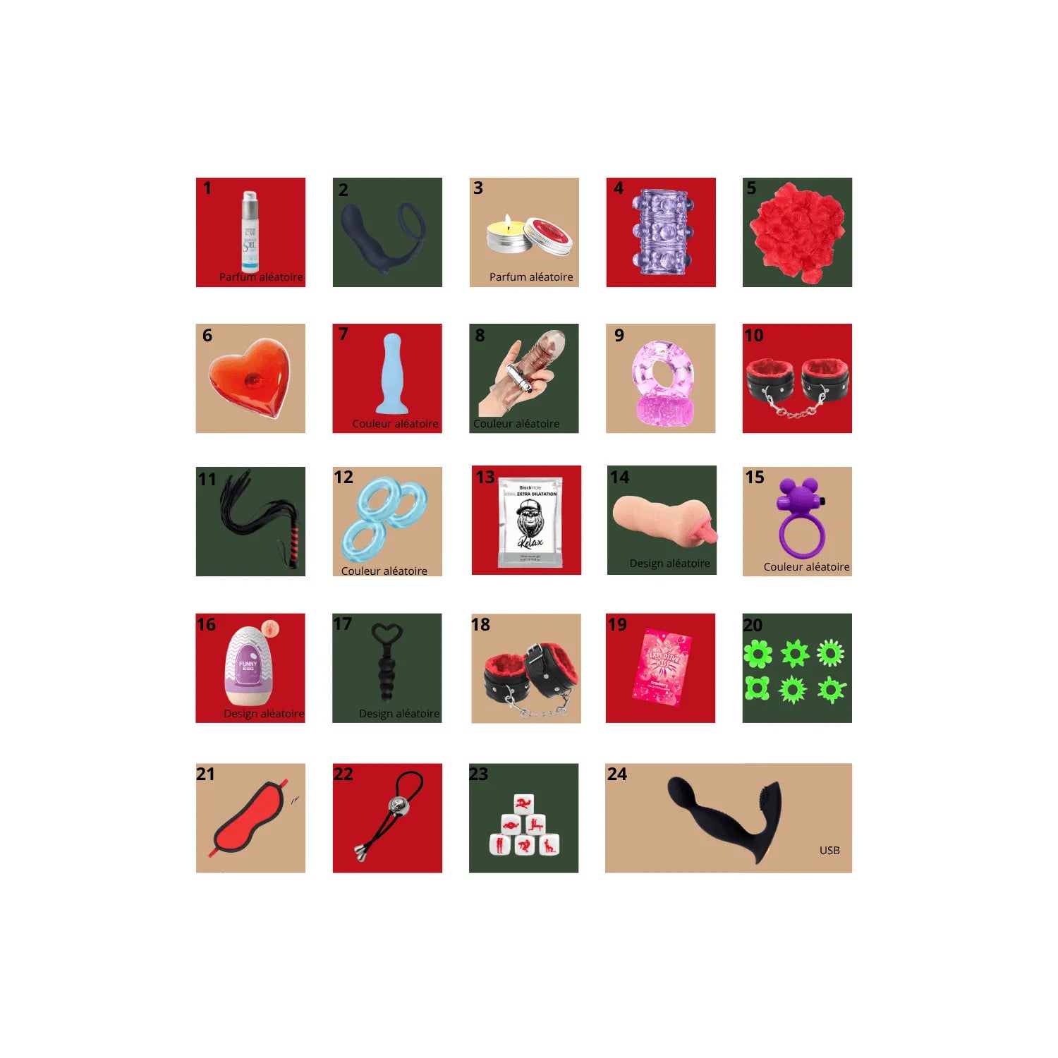 Calendrier de l'Avent érotique gay avec sextoys et accessoires, design festif, couleurs vives, 24 surprises sensuelles.