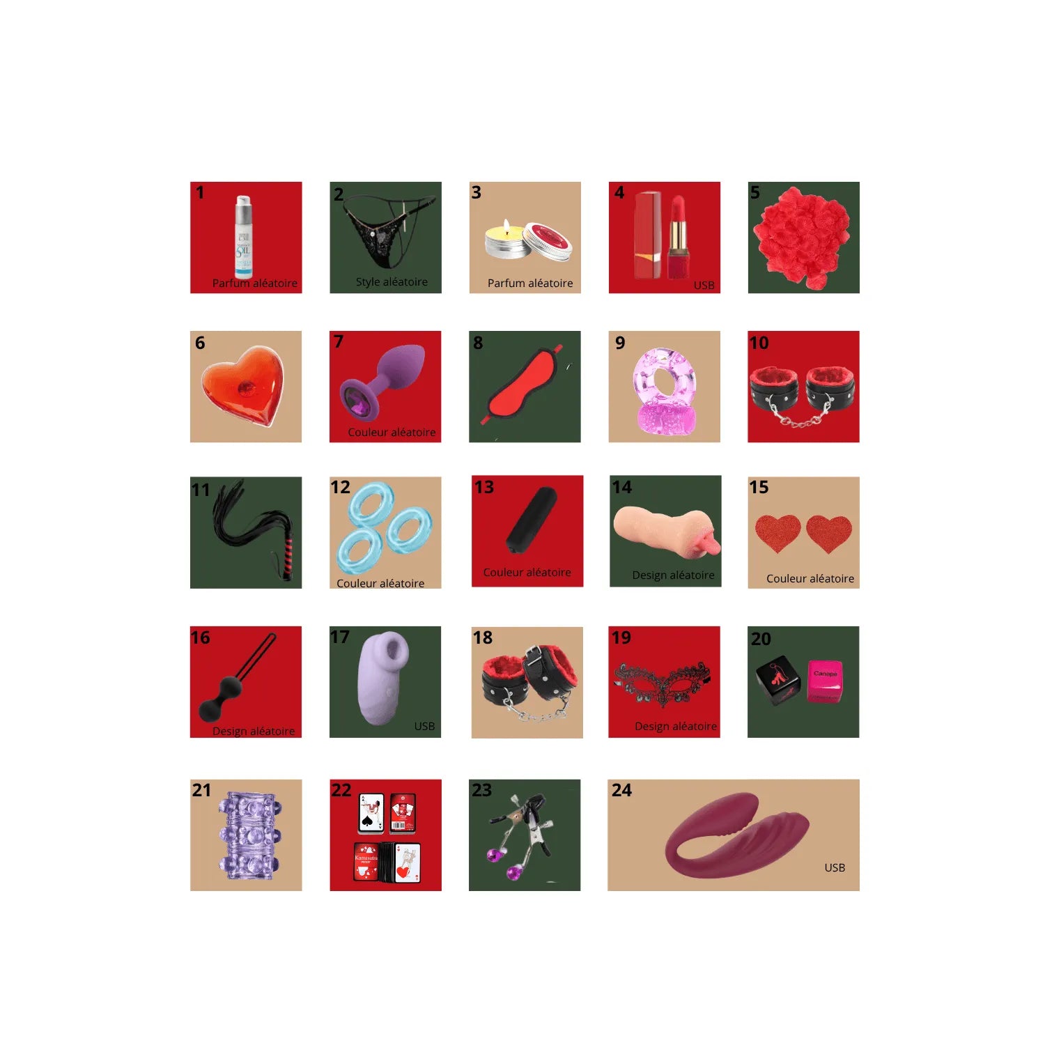 Calendrier de l'Avent érotique avec sextoys et accessoires, design festif rouge et vert, 24 surprises sensuelles.