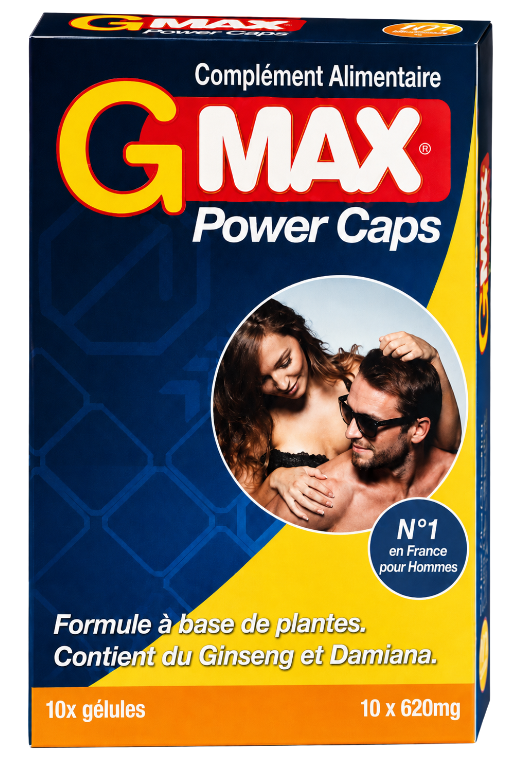 Boîte de G-MAX Power Caps, 10 gélules, complément pour vitalité masculine, avec Ginseng et Damiana, emballage bleu et jaune.