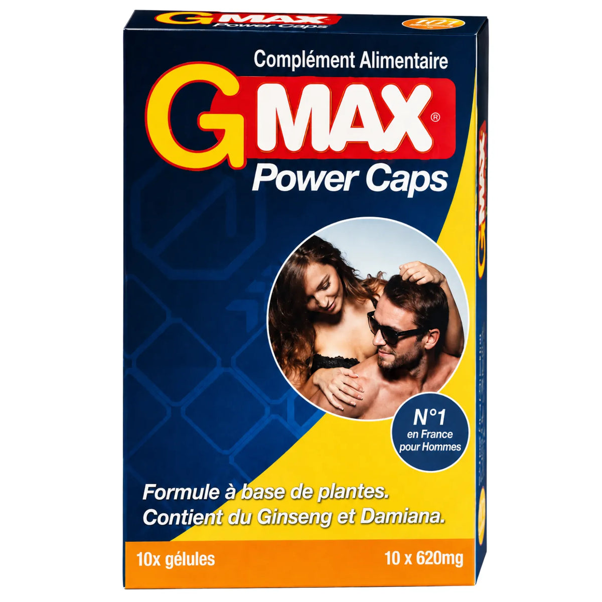Boîte de G-MAX Power Caps, complément alimentaire homme, bleu et jaune, avec image de couple, 10 gélules de 620 mg.
