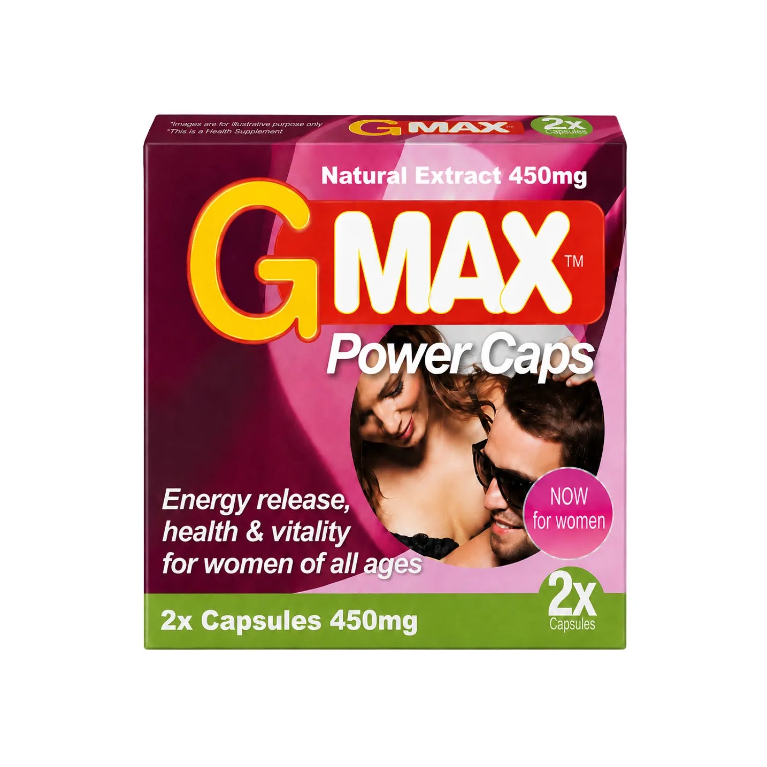Boîte rose de G-MAX Pink, complément femme vitalité libido, avec Shatavari, Maca, Ginseng, vitamines et zinc, 2x450mg.