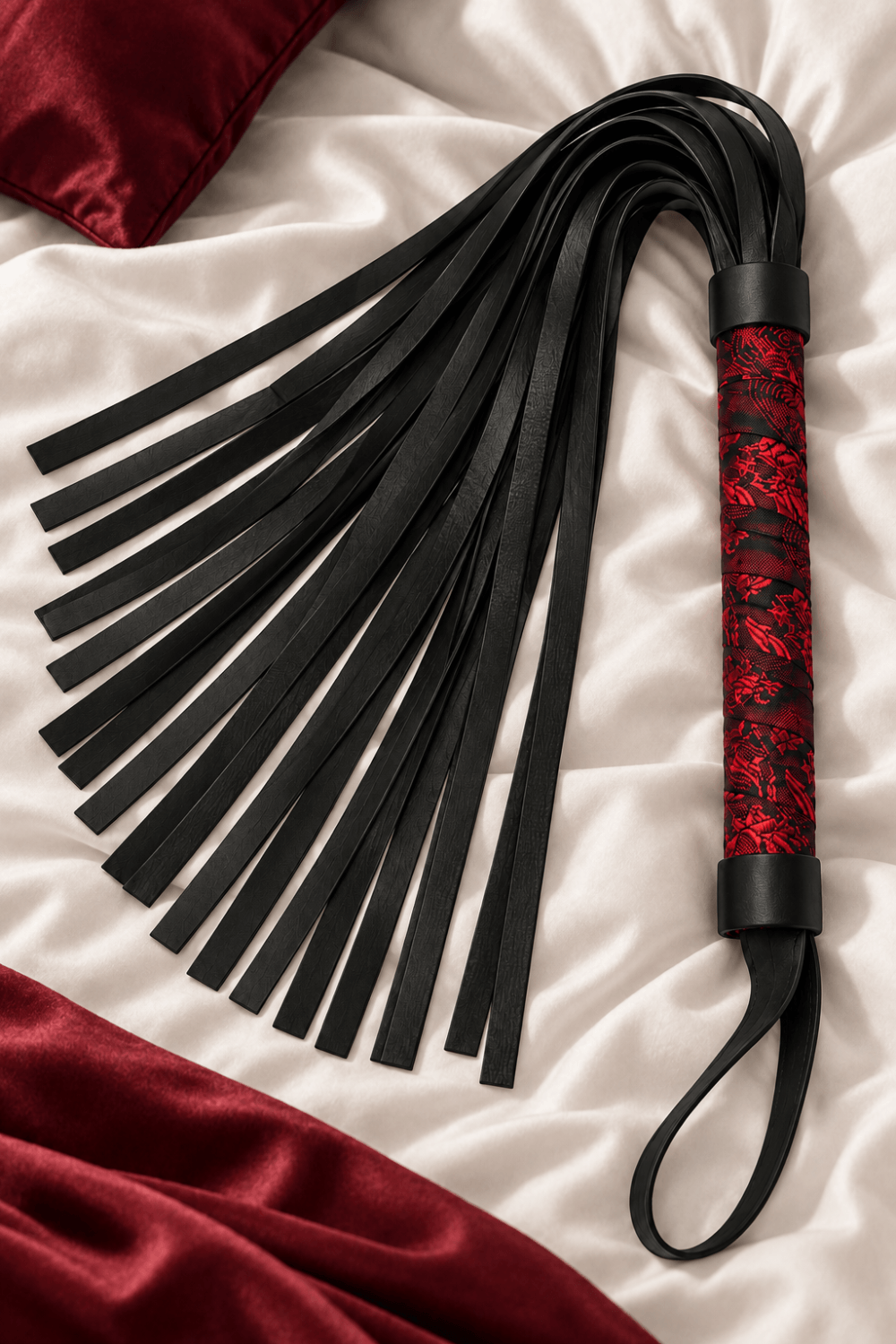 Fouet rouge et noir 45 cm, motif japonais, poignée bicolore, lanières souples noires, design élégant et compact.