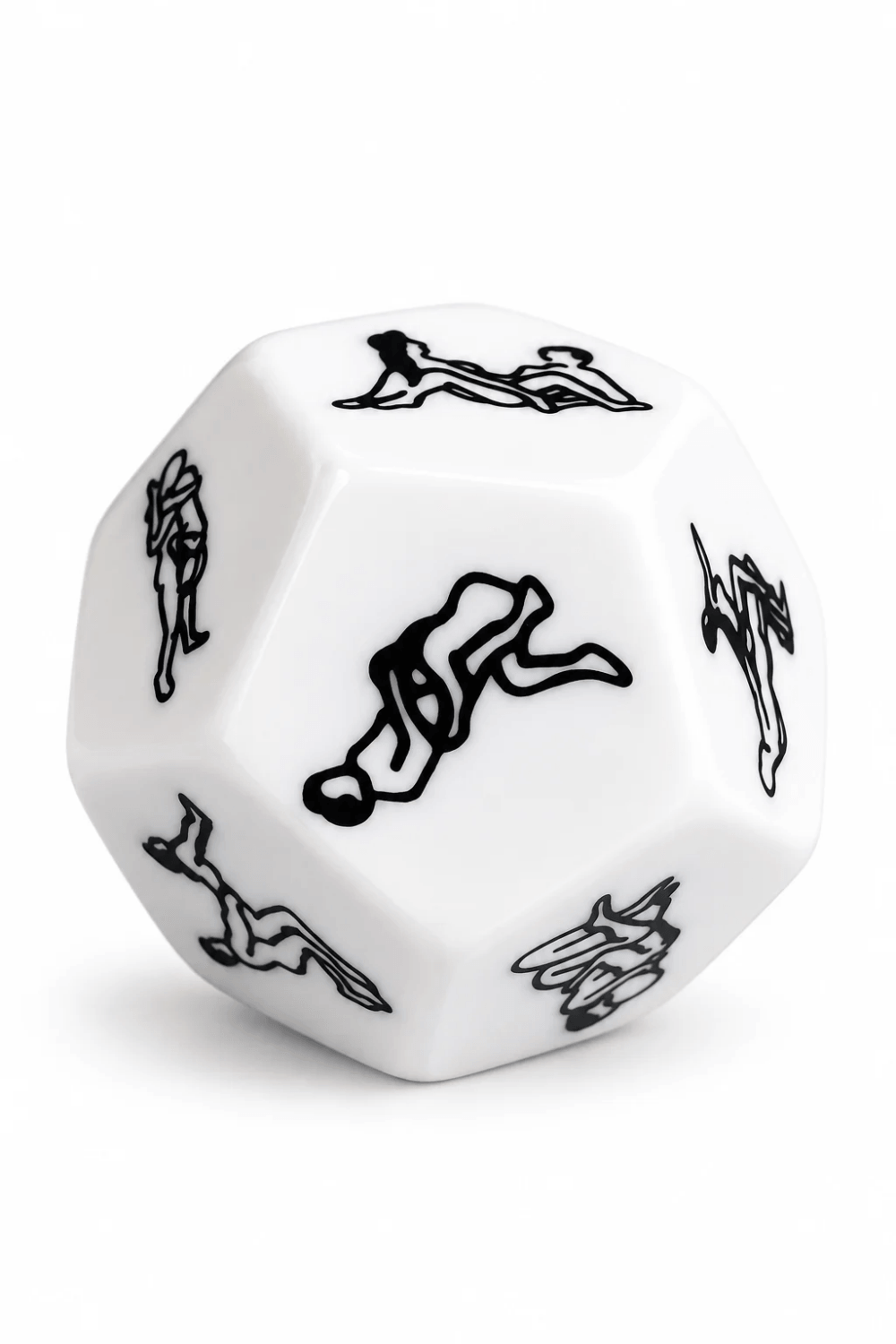 Dé Kama Sutra 12 faces blanc, illustrations noires de positions, acrylique et plastique, jeu érotique ludique.
