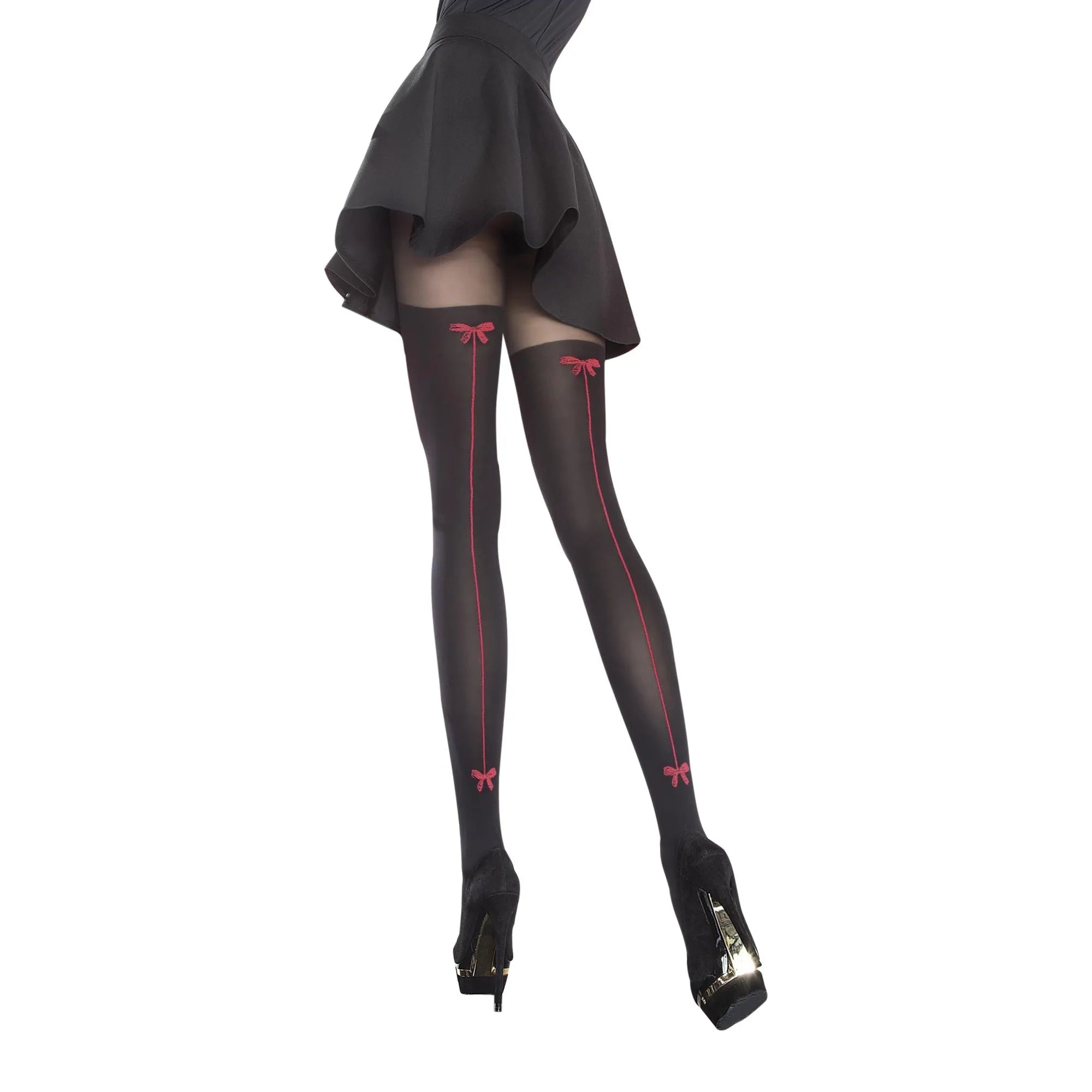 Collants noirs 40 DEN avec nœuds rouges à l'arrière, style bas autocollants, élégance et confort, tailles T2-T5.