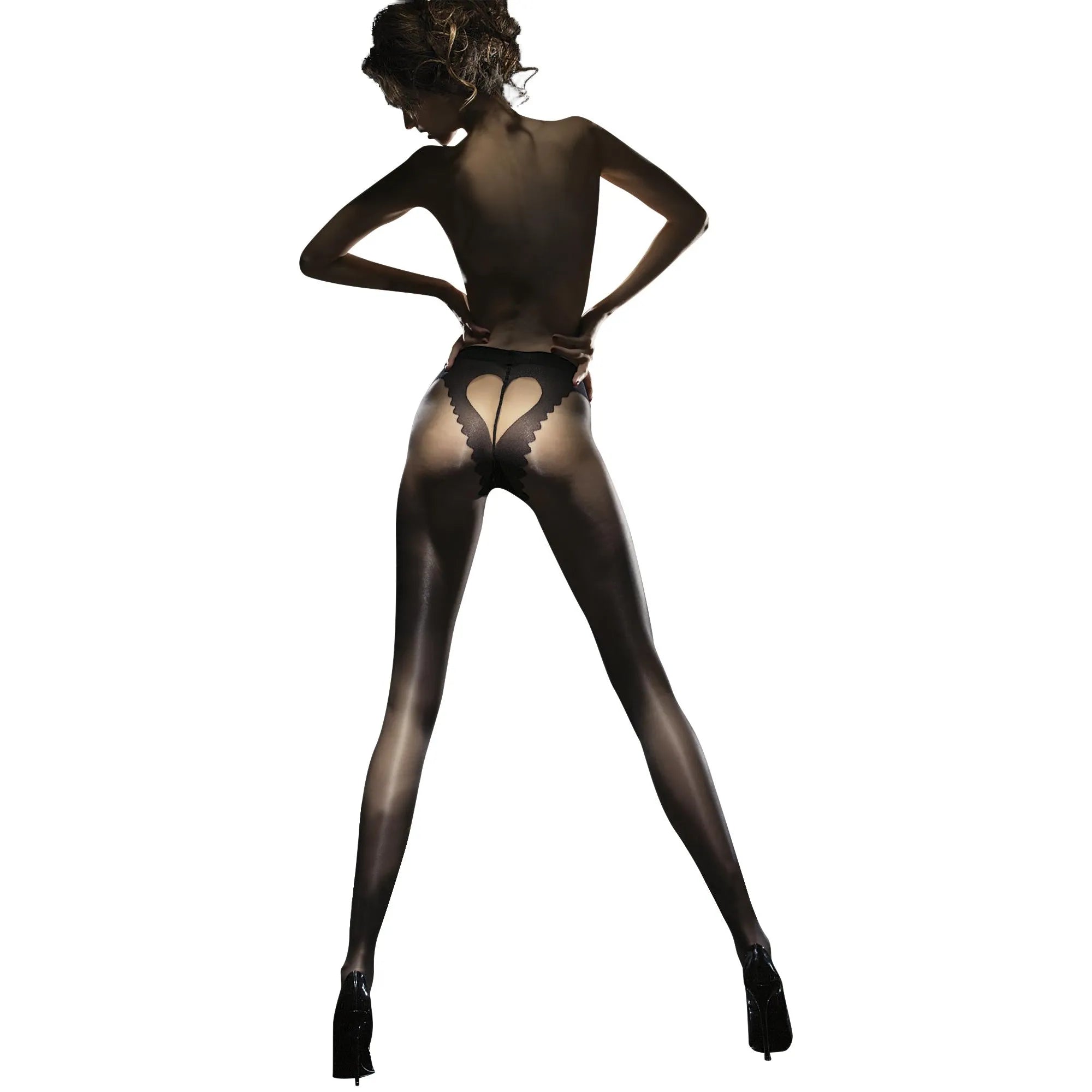 Collants noirs modèle cœur, coutures plates, brillance subtile, silhouette sculptante, confort et élégance.
