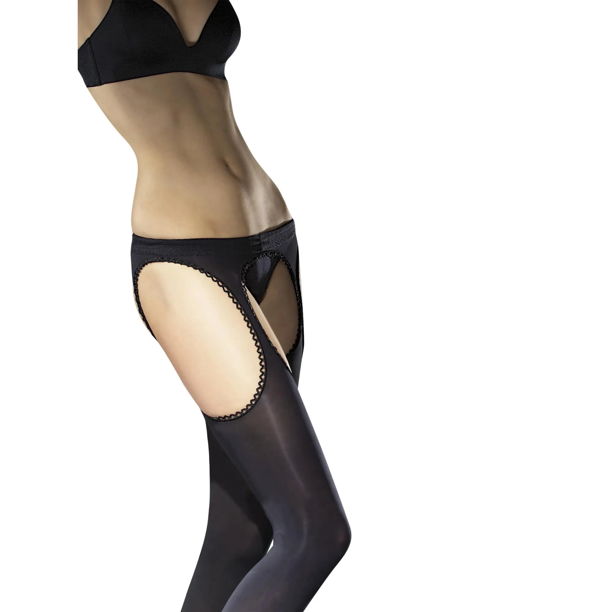 Bas jarretelles noirs 60 DEN avec ouverture cuisses, design sophistiqué et glamour, matière polyamide élasthanne.