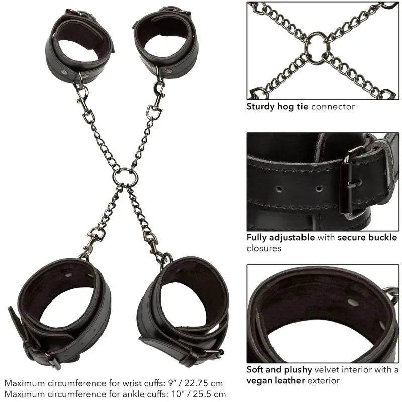 Menottes BDSM cuir végétalien noir, intérieur velours doux, connecteur robuste, anneaux pivotants, coutures renforcées.