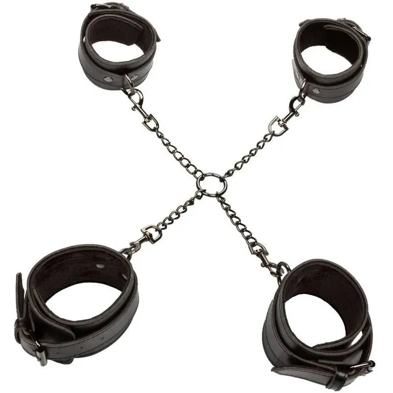 Menottes BDSM cuir végétalien noir, intérieur velours doux, connecteur central robuste, anneaux pivotants, coutures renfor...
