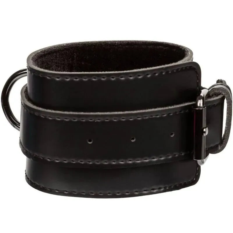 Menottes BDSM cuir végétalien noir, intérieur velours doux, coutures renforcées, anneaux pivotants, réglables.