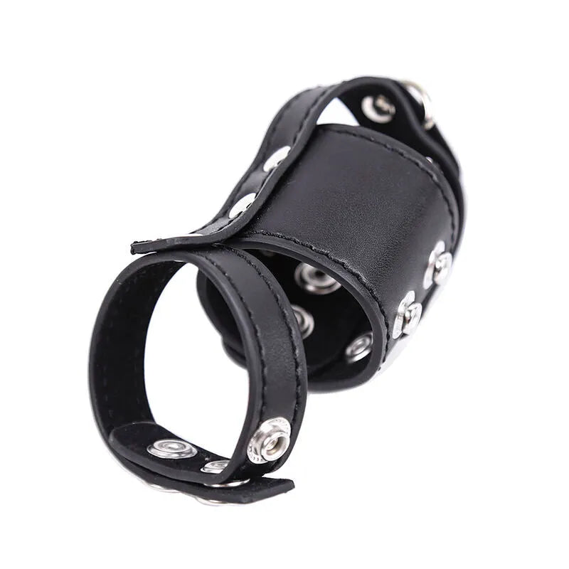 Accessoire fétiche cuir noir réglable, sans nickel, avec sangles et boucles argentées, design discret et ergonomique.