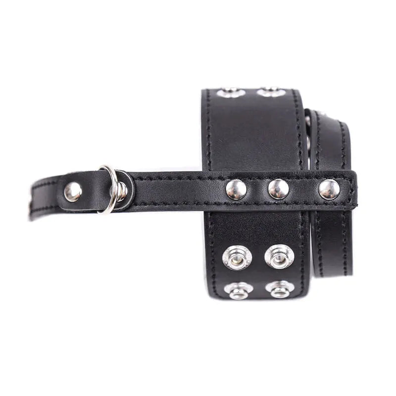 Accessoire fétiche en cuir noir réglable avec boucles métalliques, design discret et hypoallergénique sans nickel.