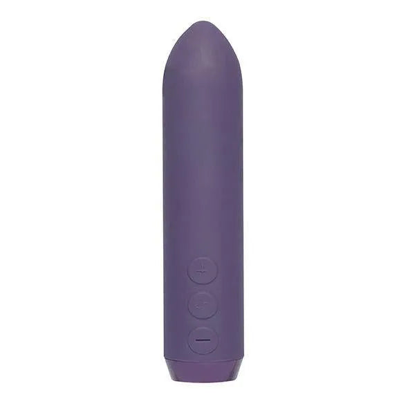 Vibromasseur violet ergonomique en silicone, compact, trois boutons, design lisse et étanche pour plaisir mains libres.