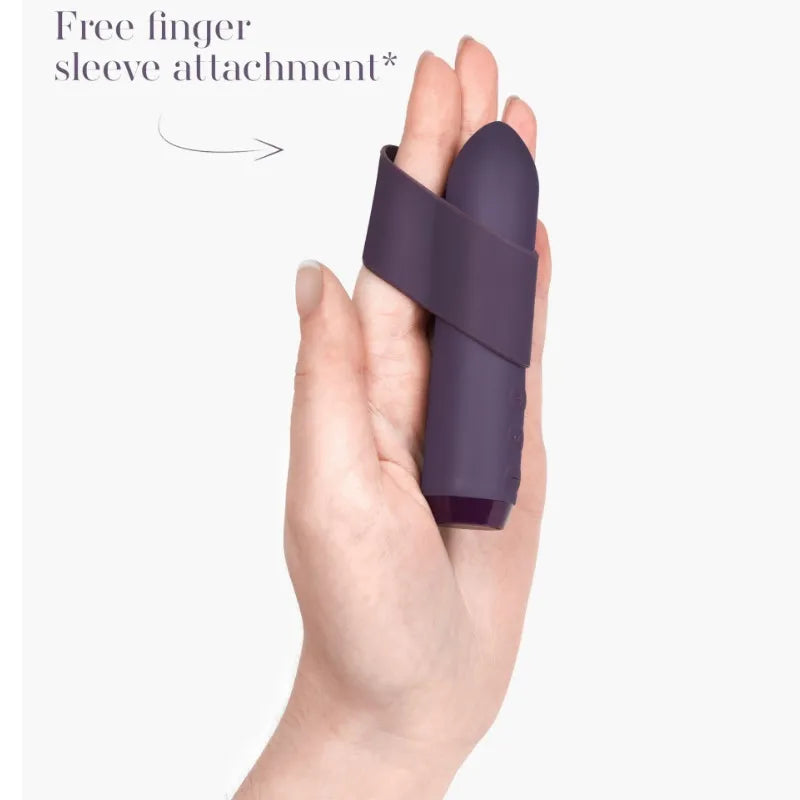 Vibromasseur violet ergonomique en silicone, compact, avec attache doigt, mains libres, rechargeable et étanche.
