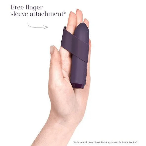 Vibromasseur violet compact en silicone, design ergonomique, avec attache pour doigt, mains libres, rechargeable et étanche.