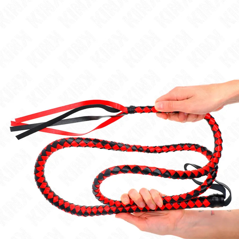 Fouet en cuir rouge et noir, tressé, ergonomique, robuste, pour expérience BDSM, personnalisable et élégant.