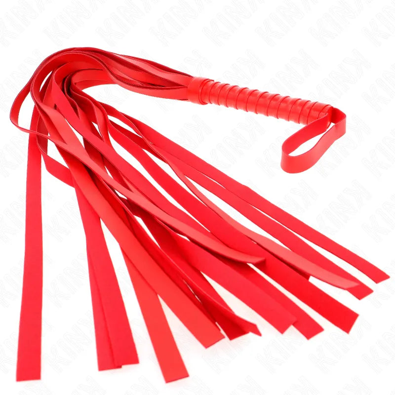 Fouet en cuir rouge luxueux, robuste et réglable, idéal pour des jeux BDSM intenses et sécurisés.