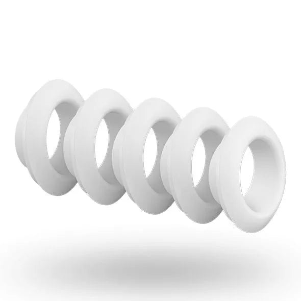 Accessoires interchangeables blancs Satisfyer Pro Deluxe, pack de 5 embouts hygiéniques, compacts et discrets.