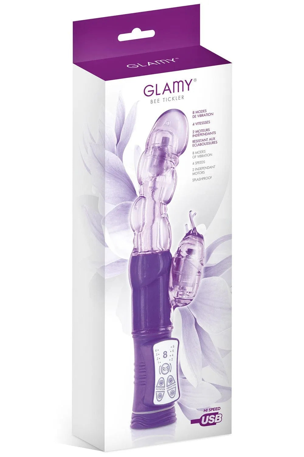 Vibromasseur rabbit violet à tête rotative, 32 options, USB, ABS sans phtalate, 22.5cm, double moteur, splashproof.