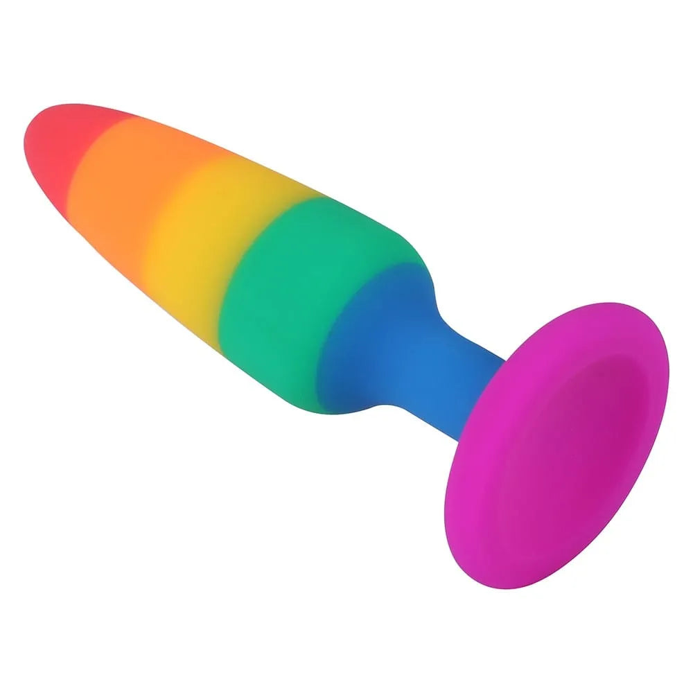 Plug anal multicolore en silicone liquide, taille M, hypoallergénique et souple pour confort optimal.