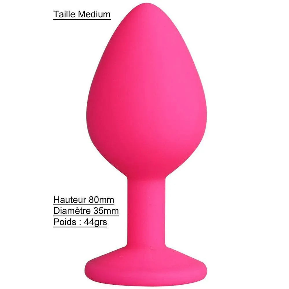 Plug anal rose en silicone médical avec bijou facetté, 8cm de hauteur, 3.5cm de diamètre, ergonomique et élégant.