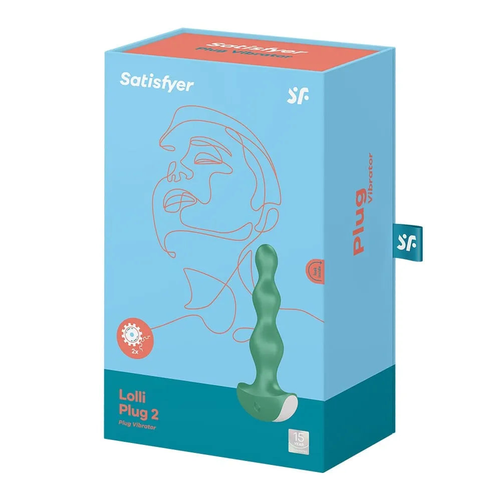 Plug anal vibrant Satisfyer Lolli 2 vert, silicone sphérique, 12 vibrations, boîte bleue, sécurité et confort.