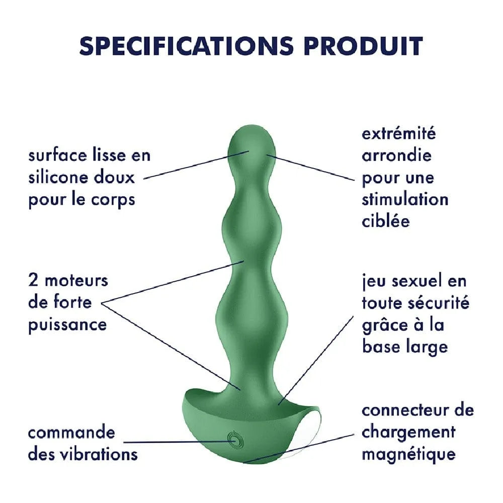 Plug anal vibrant vert Satisfyer Lolli 2, silicone doux, 2 moteurs, base large, 12 programmes, structure sphérique sécurisée.
