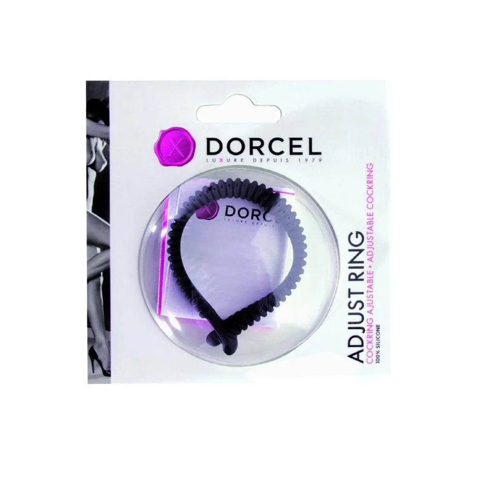 Anneau pénien réglable noir en silicone hypoallergénique, emballage transparent, confort et sécurité pour couples.