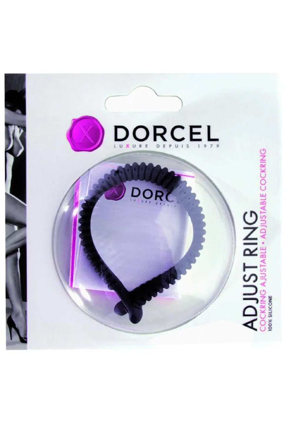 Anneau pénien réglable noir en silicone hypoallergénique, emballage transparent, confort et sécurité pour couples.