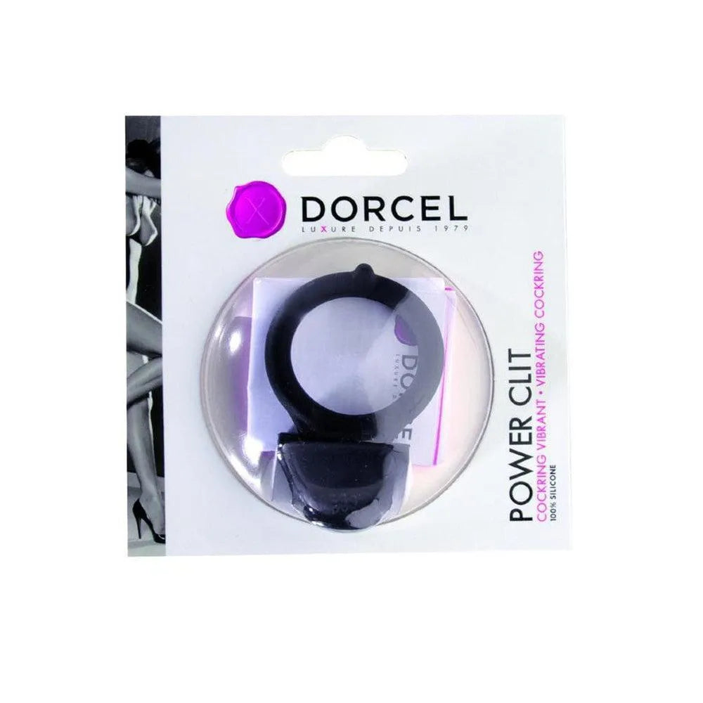 Anneau pénien vibrant noir en silicone avec languette clitoridienne, diamètre 32mm, piles LR41 incluses, emballage visible.