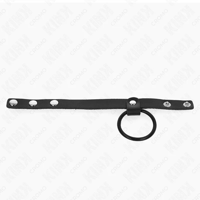 Anneau pénien BDSM en cuir noir ajustable, design élégant avec boutons-pression, pour confort et stimulation optimale.