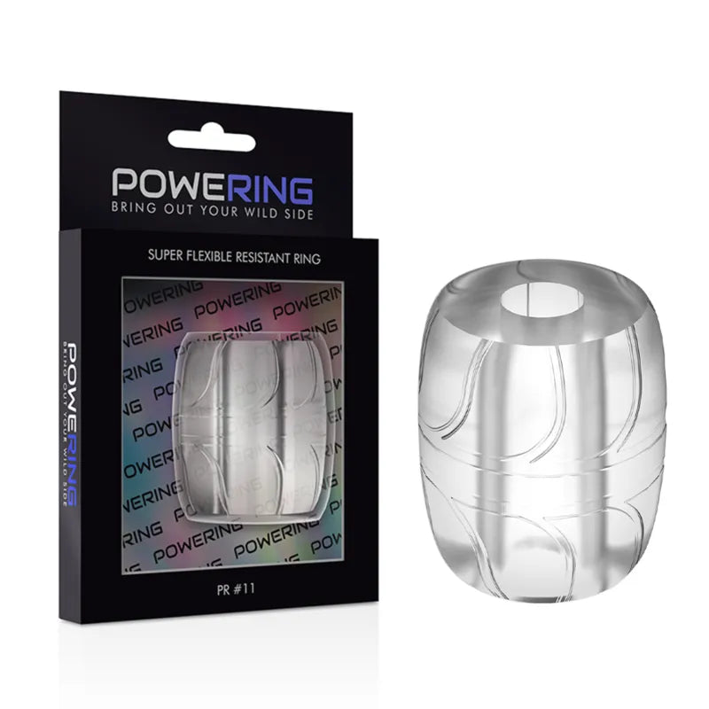 Anneau pénien TPE transparent, hypoallergénique, flexible, dans un emballage noir, pour intensité et confort érection.